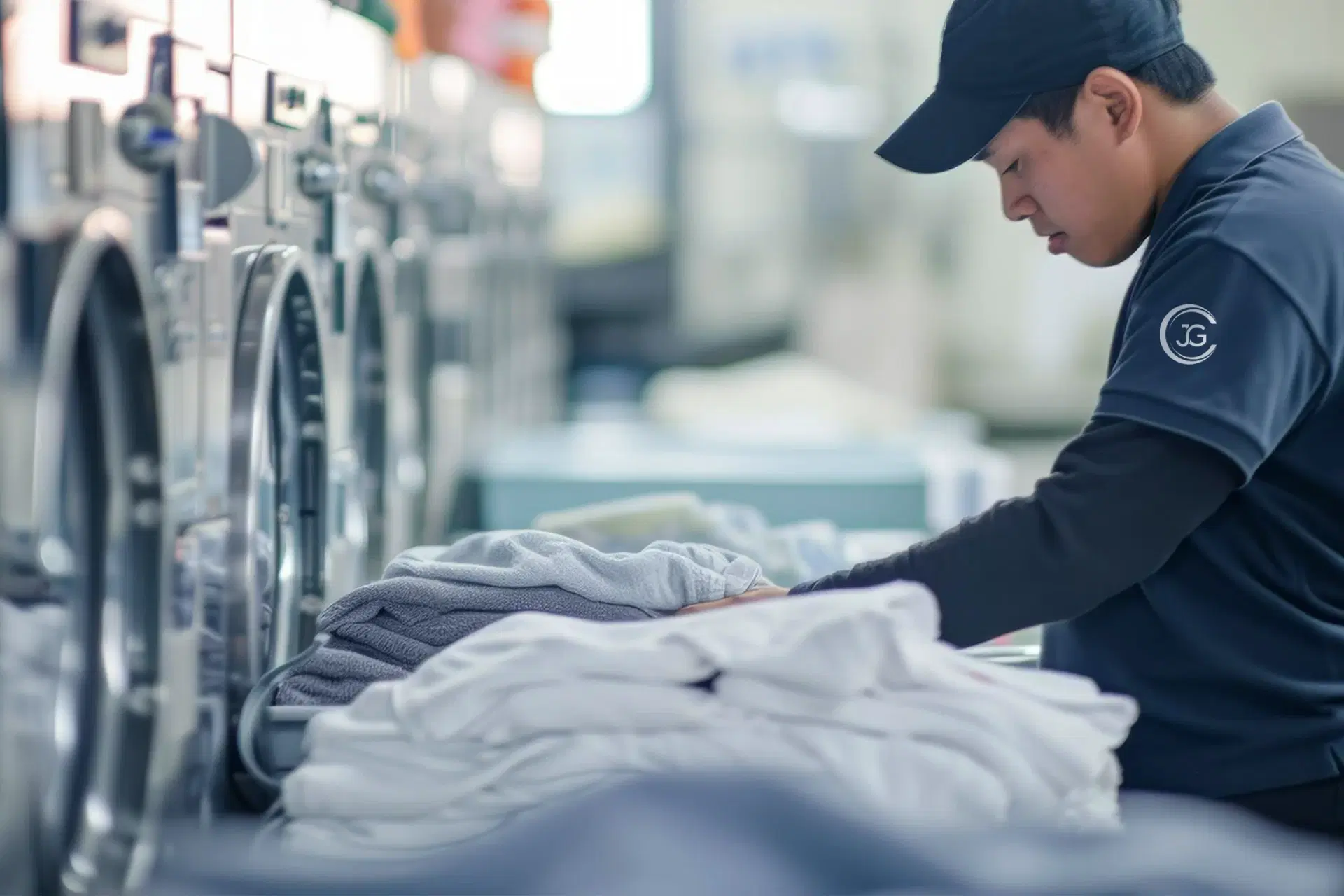 Photo: stacks of folded white linens in a commercial laundry facility